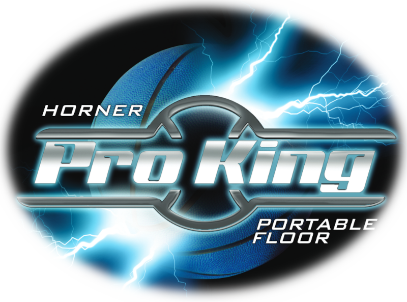 Logo of the Horner ProKing Portable Floor on a black backgound with white lightening bolts and blue shadows shown behind the logo